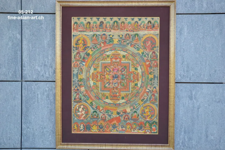 Hayagriva-Mandala-Thangka mit zentralem Palast und Gottheiten in Ecken und Reihen